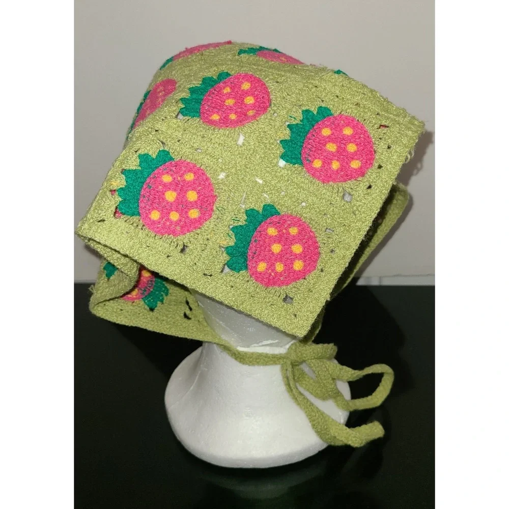Boho Crochet Bandana Strawberry Cottage Core Hippie Hair Scarf Green